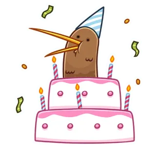 🥳 42b1ffc2 chim kiwi, sinh nhật, bánh, tiệc, ăn mừng, hoa giấy, dễ thương, hoạt hình telegram sticker