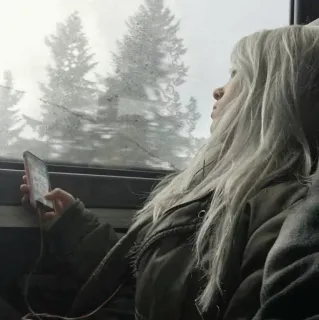 😐 c8c969d0 kobieta, okno, telefon, autobus, drzewa, blond włosy telegram sticker