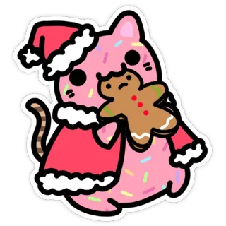 🎅 13216743 고양이, 크리스마스, 산타 모자, 진저브레드, 귀여운, 카와이, 분홍색, 도넛 telegram sticker