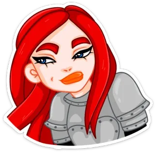 😏 9a81833b ผู้หญิง, ผมแดง, ชุดเกราะ, ยิ้มเยาะ, การ์ตูน telegram sticker