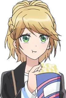 🍿 9fd2fb01 animé, dessin animé, pop-corn, cheveux blonds, yeux verts, collation, regarder un film whatsapp sticker