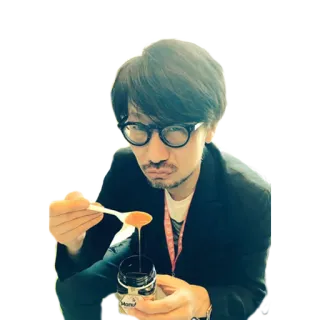 😎 e038aa68 Hideo Kojima 小岛秀夫, 游戏开发者, 眼镜, 肖像, 吃, 勺子, 男人 telegram sticker