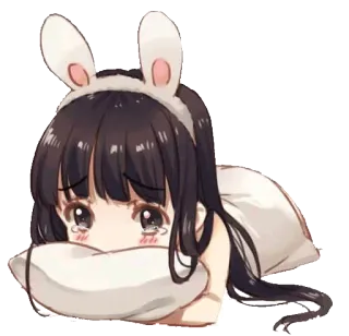 😭 167012ca anime, cartoon, bunny ears, crying, sad, pillow, girl, character whatsapp sticker