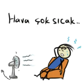 🥵 c2676c7e Hava çok sıcak. hot weather, heat, summer, fan, cartoon whatsapp sticker