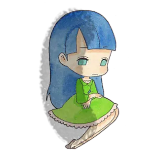 😒 2c1ed68f gadis, rambut biru, gaun hijau, kartun, imut, chibi telegram sticker