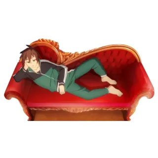 🛋 cf084fd1 Kazuma Satou Konosuba Anime, Kazuma, Konosuba, Personage, Ontspanning, Rode bank, Liggend telegram sticker