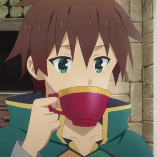 ⚔️ 216268ec Kazuma Konosuba Anime, Minum, Teh, Isekai, Rambut cokelat whatsapp sticker