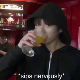 🍃 c91487ff *sips nervously* потягивает, нервничает, напиток, человек, толстовка whatsapp sticker