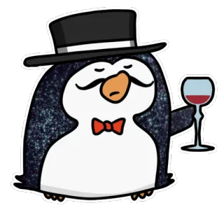 🎩 ecc1095b pinguino, cappello a cilindro, papillon, vino, elegante, gentiluomo, cartone animato, personaggio telegram sticker