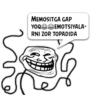 😼 cacf7cb1 Trollface MEMOSITGA GAP
YOQ

EMOTSIYALA-
RNI ZOR TOPADIDA ミーム, トロール, 顔, インターネット, 面白い telegram sticker