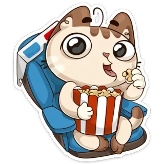 🍿 55cceb1a gato, pipoca, cinema, óculos 3D, desenho animado, filme, animal, ilustração whatsapp sticker
