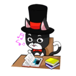 📚 46b3482c kucing, kartun, buku, membaca, topi tinggi, not musik, meja telegram sticker