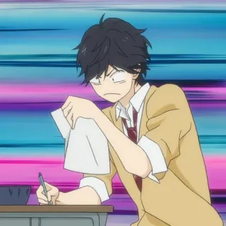 🍘 1a2d3f5b อนิเมะ, เด็กผู้ชาย, นักเรียน, เขียน, กังวล, กระดาษ, ปากกา telegram sticker