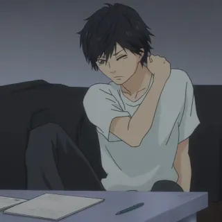 🍘 2b69a922 อนิเมะ, ผู้ชาย, นั่ง, ลำลอง, ในร่ม, ภาพวาด telegram sticker