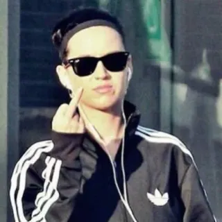 😐 454f2aab jari tengah, gestur ofensif, orang, kacamata hitam, jaket telegram sticker