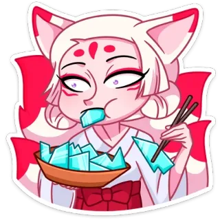 🍴 f47743d5 fille anime, kitsune, oreilles de renard, glace, baguettes, dessin animé, kawaii telegram sticker