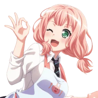 🦩 81a03b2b anime meisje, schattig, roze haar, knipogen, oké gebaar, cartoon, vrolijk telegram sticker