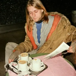 🧐 e24d00ee Kurt Cobain muzikant, zanger, koffie, jaren 90, grunge telegram sticker