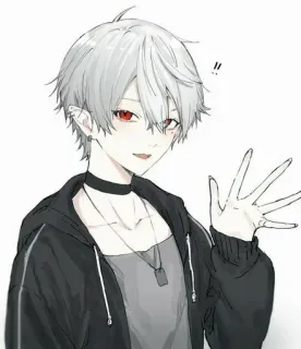 🤍 4f79c516 Anime, Jongen, Zilver haar, Rode ogen, Choker, Cartoon telegram sticker