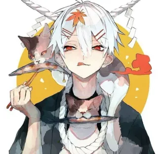 🤍 ab070ec1 Anime, Kat, Vis, Wit Haar, Rode Ogen, Japans, Illustratie telegram sticker