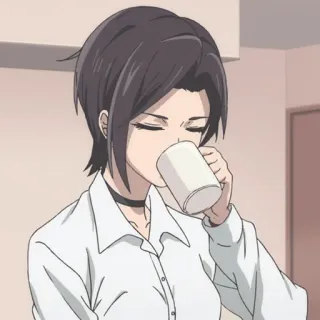 👒 5038077d anime, woman, drinking, coffee, relaxed, short hair telegram sticker