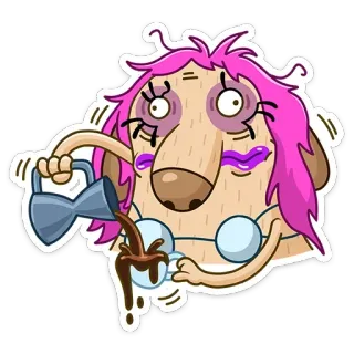 ☕️ c877a669 Cartoon, Koffie, Roze haar, Grappig, Vrouw, Slaperig telegram sticker