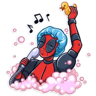 🛀 b8b90575 Deadpool Deadpool, vòi sen, bồn tắm, vịt cao su, âm nhạc, siêu anh hùng, Marvel telegram sticker