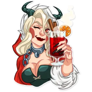 😉 e906f28e Justice Helltaker anime, character, demon, horns, glass, drink, cartoon whatsapp sticker