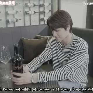 🧷 053d24e0 h kamu memiliki pertanyaan tentang budaya Vie person, wine, indoors, bottle, table telegram sticker