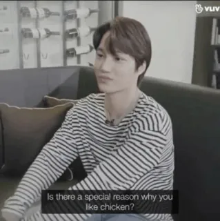 🧷 0b99c387 Is there a special reason why you like chicken? person, sitting, chicken, interview telegram sticker