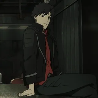 😏 92b0da9d Anime, Personage, Zwart haar, Zittend, Jas telegram sticker