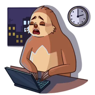💻 a5cba8d9 leniwiec, zmęczony, komputer, noc, zegar, wyczerpany, kreskówka, termin telegram sticker