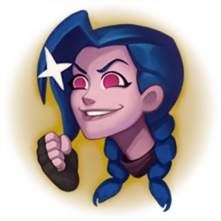 😈 b04c0e01 Jinx Jinx, League of Legends, postać z gry, niebieskie włosy, gwiazda, kreskówka telegram sticker