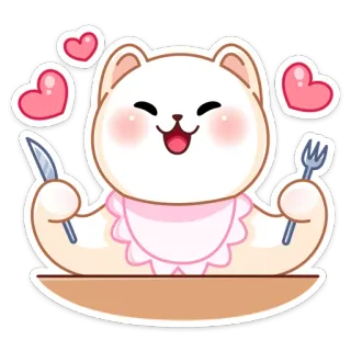🍴 4f184c76 kucing, makan, imut, kawaii, celemek bayi, makan malam, pisau, garpu telegram sticker