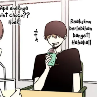 📜 22512b73 Apa enaknya mint choco?? Hoek!
Reaksimu berlebihan banget! Hahaha!! mint chocolate, drink, cartoon, illustration telegram sticker