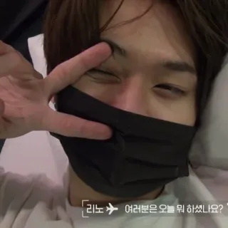 🪐 724b03b3 리노✈ 여러분은 오늘 뭐 하셨나요? pessoa, homem, máscara, coreano, sinal de paz, selfie telegram sticker