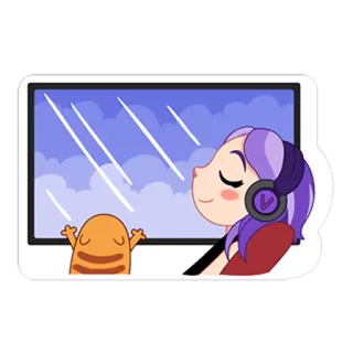 😌 b327b7d7 การ์ตูน, ผู้หญิง, หูฟัง, แมว, หน้าต่าง, ท้องฟ้า telegram sticker