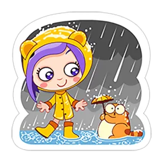 ☔ e2aec4c9 ผู้หญิง, แมว, ฝน, การ์ตูน, น่ารัก, ร่ม telegram sticker