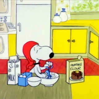 🖤 247887a4 Snoopy MILK Snoopy, dessin animé, chien, petit déjeuner, crêpes, lait, nourriture, cuisine telegram sticker