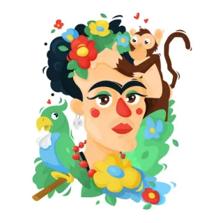 🙈 04c6623b Frida Kahlo Frida Kahlo, seniman, potret, monyet, burung beo, bunga, ilustrasi telegram sticker
