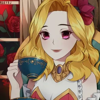 🦄 f286142f gái anime, tóc vàng, trà, hoa hồng, hoạt hình, chân dung, uống telegram sticker