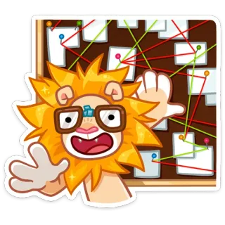 🤓 01bd140e león, dibujos animados, detective, investigación, tablero, pins, cuerda, gafas telegram sticker