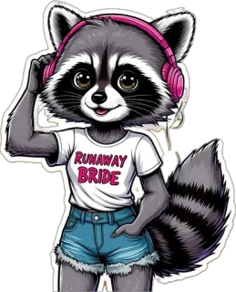 🤩 a4f55317 RUNAWAY BRIDE procione, cuffie, cartone animato, sposa, animale, umorismo, matrimonio telegram sticker