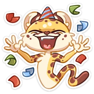 🥳 c5da648a ปาร์ตี้, ฉลอง, การ์ตูน, สัตว์, เสือดาว, กระดาษสี, มีความสุข, วันเกิด whatsapp sticker