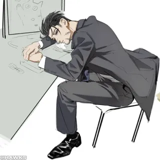 🌐 ef5dea3e @HAWKS animé, fatigué, costume, bureau, ordinateur, dormir whatsapp sticker