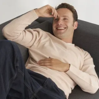 😂 8d1eec57 pria, sofa, santai, kasual, tersenyum, potret telegram sticker