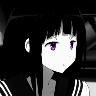 💜 81425438 Anime, Chica, Blanco y negro, Ojos morados, Pelo corto, Lindo telegram sticker