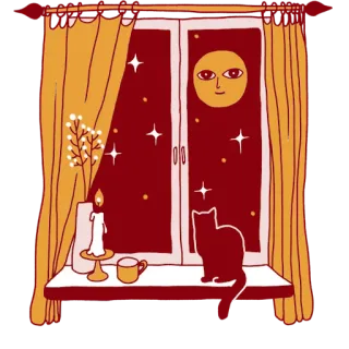🌝 d4a18f50 finestra, notte, gatto, luna, candela, stelle, accogliente, illustrazione whatsapp sticker