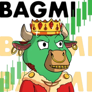😎 f5c62295 BAGMI бык, король, корона, криптовалюта, зеленый, животное, мультфильм, NFT whatsapp sticker