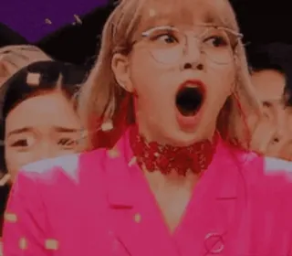 🍭 ca1332a6 terkejut, kejutan, wanita, kacamata, merah muda, konfeti whatsapp sticker